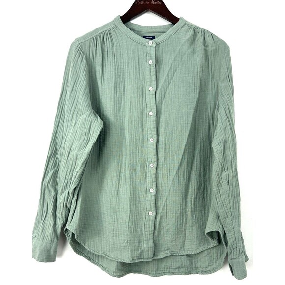 GAP Women Crinkle Gauze Cotton Long Sleeve Button Up Blouse L Sage Green 1043E4 - Picture 5 of 10
